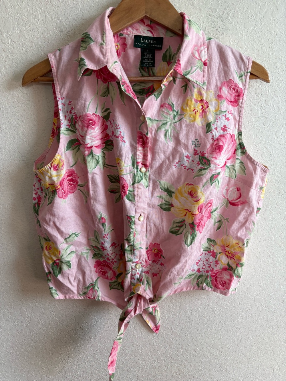Lauren Ralph Lauren Pink Tie Front Floral Linen Shirt Size Large